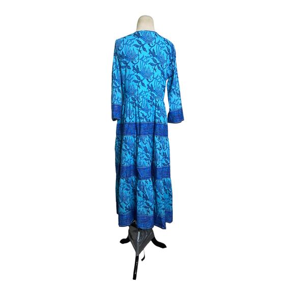 Bella Tu Blue Batik Floral Tier 3/4 Sleeves Boho Midi Dress size Small - Picture 15 of 16